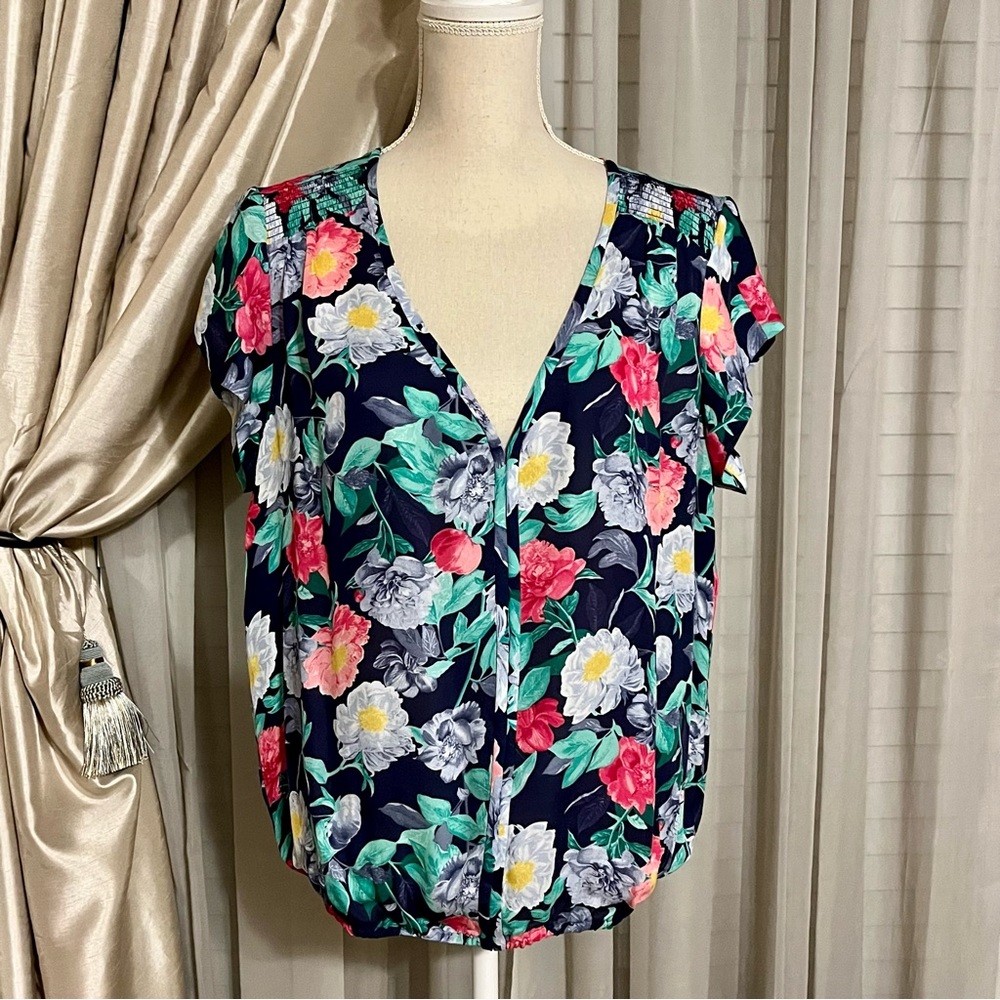 SOLD EUC Joie Blue and Green Floral Roses Print Silk Blouse - Picture 2 of 5